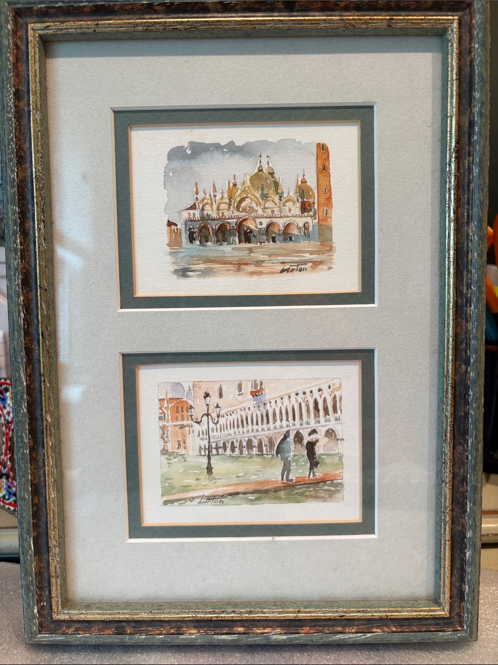 Double Watercolor Venice Prints in Distressed Frame - Blue/Gold Accents